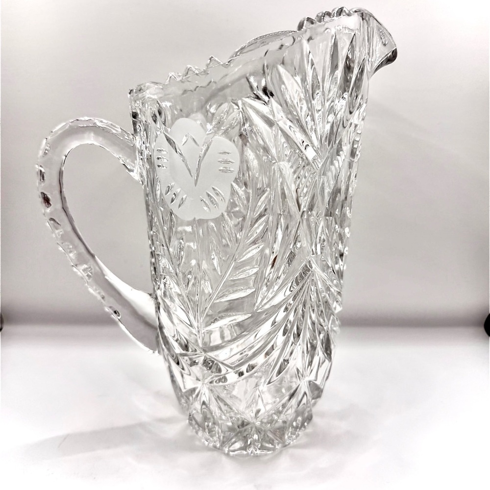 Vtg Cut Crystal Pitcher Heavy Lead Glass w/ Frosted Flower & Fern Pattern 8.5"